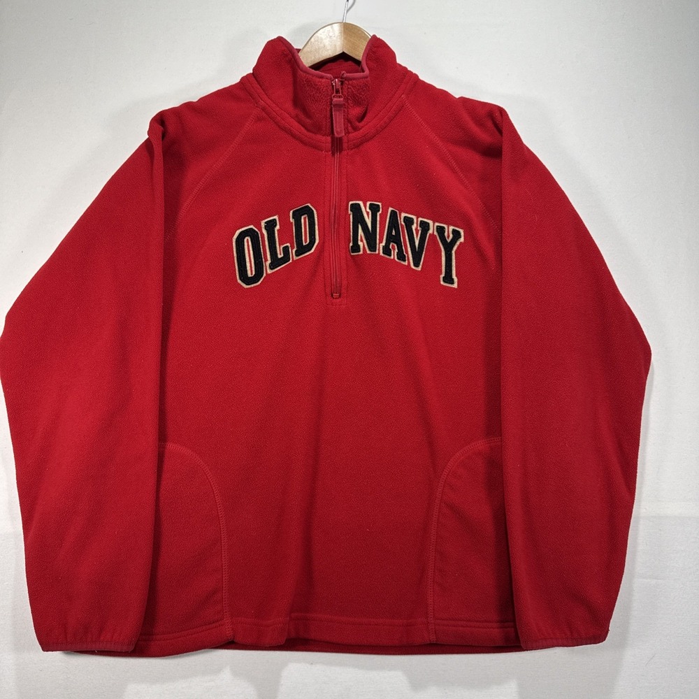 VTG Y2K Old Navy Fleece Quarter Zip Mens XL Red Logo Applique Pullover Mock Neck